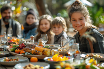 Fototapeta premium Family enjoys a Thanksgiving feast in a backyard garden setting, with a focus on a young girl smiling brightly at the camera