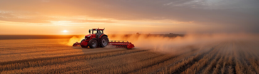 Fototapeta premium A tractor working on a wheat field during sunset, creating dust clouds with its plowing equipment, symbolizing modern agriculture.