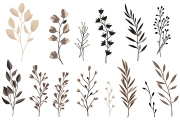 Hand drawn twigs with leaves and flowers.