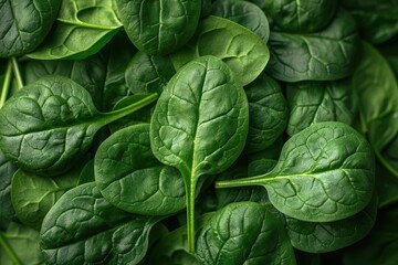 Obraz premium A detailed shot of a bunch of fresh spinach leaves, showing the texture and vibrant green color. 