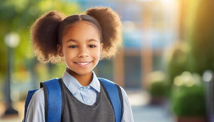 happy smiling girl schoolgirl close up on blurred background of school. return to school September, knowledge day, junior high school, class, schoolchildren, students autumn