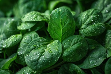 A detailed shot of a bunch of fresh spinach leaves, showing the texture and vibrant green color. 