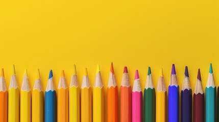 A row of colorful pencils on a yellow background.