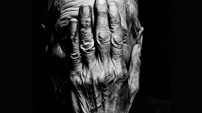 A hand covering the face in shame or embarrassment. Black and white art