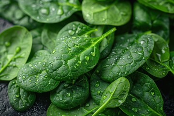 A detailed shot of a bunch of fresh spinach leaves, showing the texture and vibrant green color. 