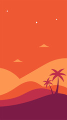 Sunset with palm trees and mountains in the background