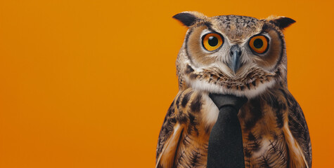 Curious owl wearing a necktie against a solid orange background, blending wildlife with a touch of humor and sophistication