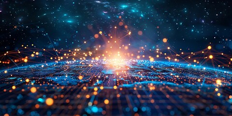 Fototapeta premium Futuristic Digital Network with Glowing Points and Starry Background