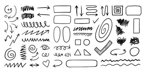 Set of freehand doodles, arrows, different signs and symbols, graphic design decorations. Vector illustration.