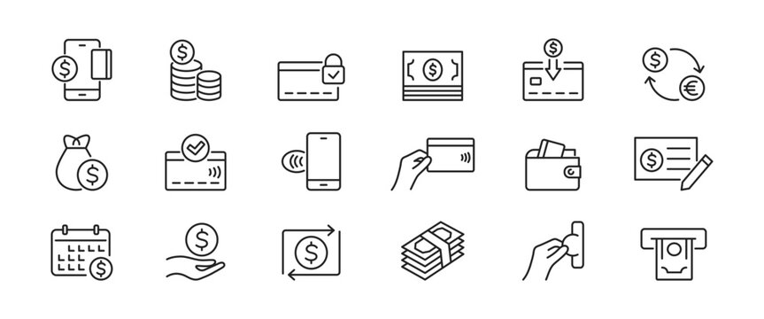 Payment icons. Set of payment methods, cash, finance, money, cash. Vector illustration