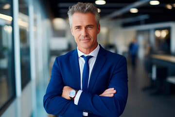Fototapeta premium Happy middle aged business man ceo standing in office arms crossed. Smiling mature confident professional executive manager, proud lawyer