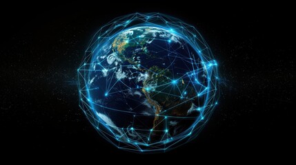Obraz premium A globe with a network of lines connecting it. The globe is surrounded by a dark background. Concept of interconnectedness and the vastness of the world