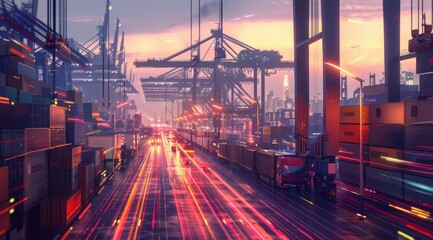 Fototapeta premium A city street with a red and blue truck driving down it. The truck is surrounded by a lot of cargo containers