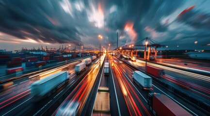 A blurry shot of a busy highway with many trucks and cars. Concept of motion and energy, as the vehicles are moving quickly down the road. The blurred effect adds to the feeling of speed and movement