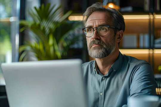 Side view of mid aged ambitious male entrepreneur using laptop computer sitting in modern office