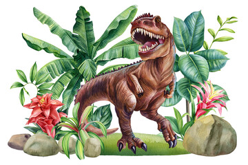 Tyrannosaurus rex with prehistoric landscape, Dinosaurs watercolor hand painted prehistoric animal illustration © Hanna