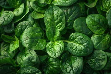 A detailed shot of a bunch of fresh spinach leaves, showing the texture and vibrant green color. 