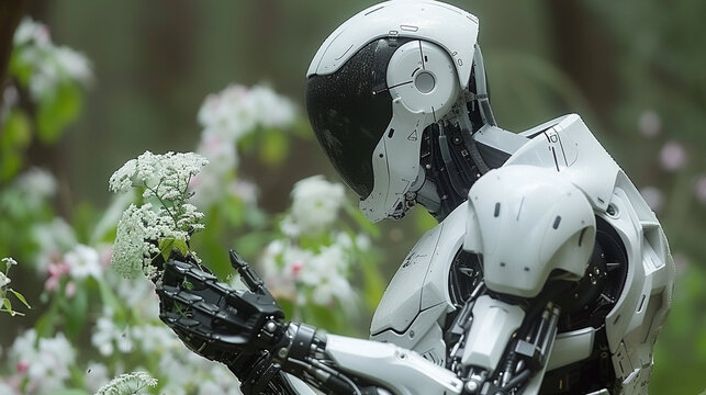 Futuristic robot examining a flower in a serene forest environment, blending technology and nature in harmony.
