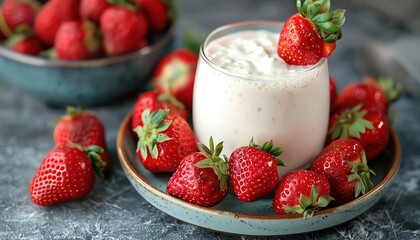 Strawberry milk served with a plate of fresh strawberries and cream, strawberry milk and cream, gourmet pairing