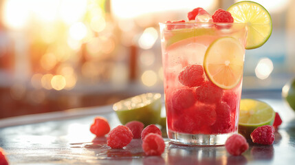 A vibrant raspberry lime rickey, served in a glass topped with sparkling water and garnished with fresh raspberries and a lime wheel
