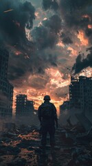 Soldier standing in the ruins of a war-torn city at sunset, dramatic sky. Post-apocalyptic survival concept