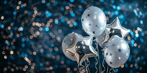 Starry Balloons with Bokeh Effect in Dreamy Atmosphere of Blues and Silvers