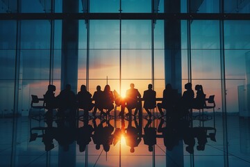 Fototapeta premium Silhouetted business meeting during sunset in a modern office with large windows. The scene captures an intense discussion. Ideal for corporate purposes and presentations. Generative AI