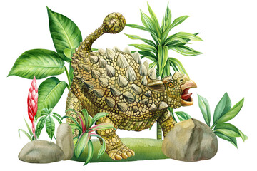Dinosaurs in tropical forest, Jungle palm leaves, plant watercolor, Hand painted watercolor dinosaur illustration poster © Hanna