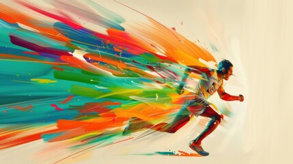 Victorious Runner Crossing Finish Line with Colorful Streaks - Abstract Background of Speed and Determination Celebrating Triumph. Copy Space Available.