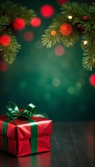 A red gift box with a green ribbon sits on a black table, with a blurred background of Christmas lights and pine branches, copy space