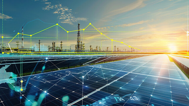 The digital computer display showed a grid of blue digital lines and green icons on it. In the background was an electric power station surrounded by solar panels