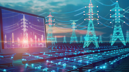 The digital computer display showed a grid of blue digital lines and green icons on it. In the background was an electric power station surrounded by solar panels