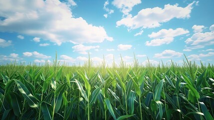 Obraz premium Vibrant green cornfield under a bright blue sky with fluffy white clouds. Perfect for agriculture and nature-themed projects.