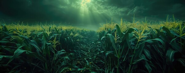 Fototapeta premium Majestic green cornfield under a dramatic sky with sun rays piercing through clouds, creating a serene agricultural landscape.