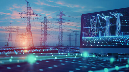 The digital computer display showed a grid of blue digital lines and green icons on it. In the background was an electric power station surrounded by solar panels