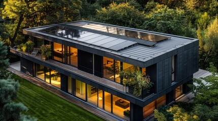 Fototapeta premium Top view of modern house with shiny black solar panels mounted on the roof. The house is surrounded by manicured lawns and green trees. It provides a peaceful and environmentally friendly atmosphere.