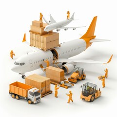 Logistics and transportation concept with workers managing cargo around airplanes, trucks, and forklifts with shipping boxes.