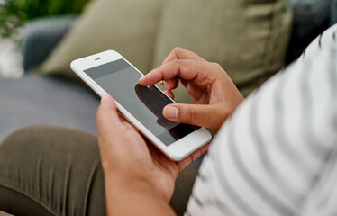 Person, hand and mockup in office with smartphone screen for social network, mobile website and digital contact. Woman browsing on cellphone, reading business notification and search media on app