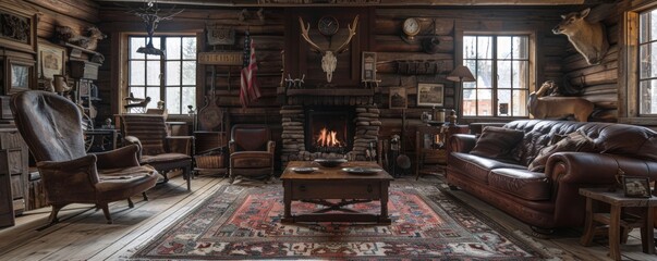 Rustic hunting lodge with taxidermy decor.