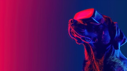 futuristic dog wearing modern vr headset experiencing advance virtual reality metaverse ai driven world on neon gradient background with copy space