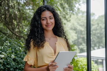 Fototapeta premium Portrait of businesswoman holding tablet and looking at camera smiling Portrait of businesswoman holding tablet and looking at camera smiling