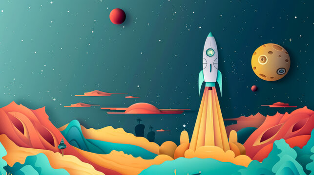 Flat-style modern illustration shows a rocket flying in space in paper art style