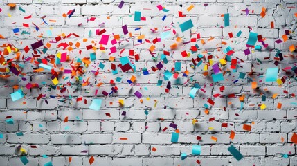 Naklejka premium Colorful Confetti Falling on a White Brick Wall