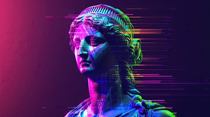mona lisa classical statue with neon pink blue lighting modern digital glitch lines trails effect on dark background