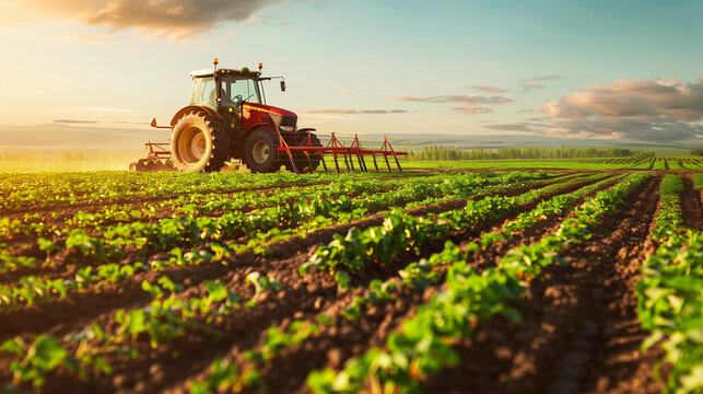 Tractor Working in an Agricultural Field at Sunset