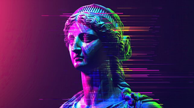 mona lisa classical statue with neon pink blue lighting modern digital glitch lines trails effect on dark background - Powered by Adobe