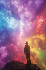 Obraz premium Silhouette of person gazing at colorful, ethereal sky filled with vibrant clouds, creating a dreamy, surreal atmosphere.