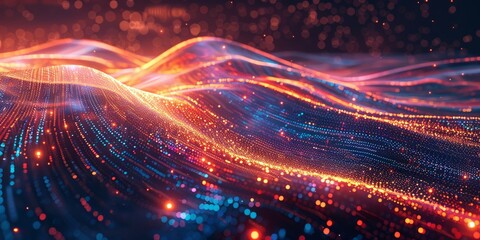 Fototapeta premium Abstract Digital Landscape with Glowing Particles and Dynamic Waves in Warm and Cool Hues