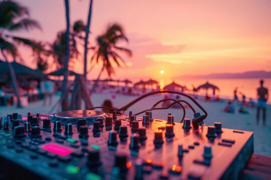 Detail of dj playing modern sound on cd usb player at spring break festival - Beach music party and life style concept - Defocused background with shallow depth of field