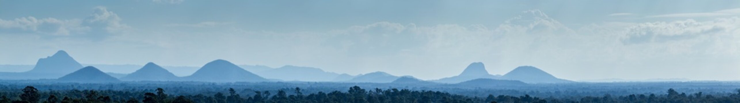 Panorama of the Glass House Mountains in Queensland.